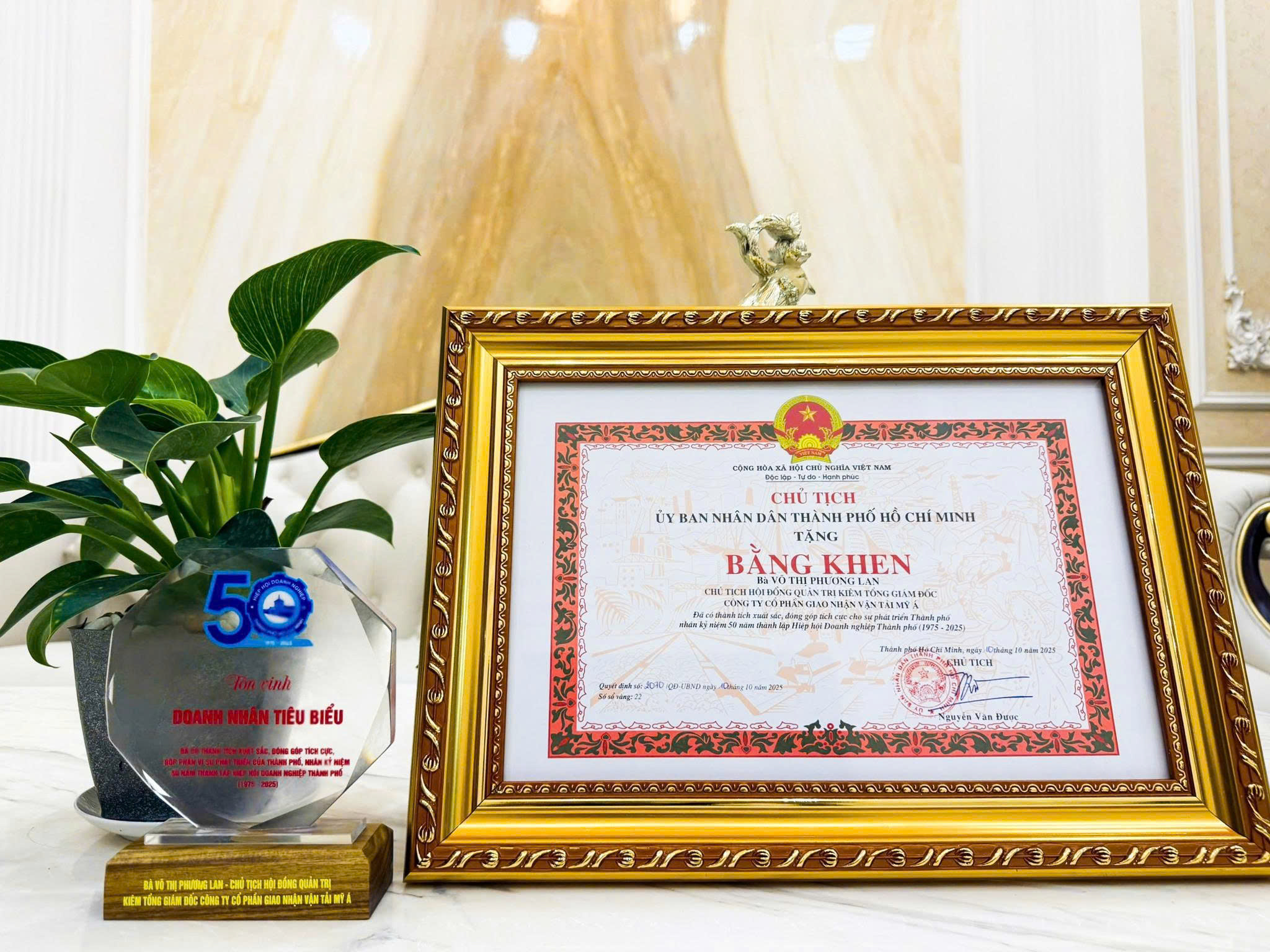 Doanh nhân tiêu biểu TP.HCM 2025 - Bằng khen của Chủ tịch UBND TP.HCM vì đã có thành tích xuất sắc, đóng góp tích cực cho sự phát triển Thành phố